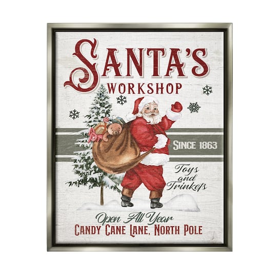 Stupell Industries Santa&#x27;s Workshop Weathered Vintage Sign Framed Floater Canvas Wall Art